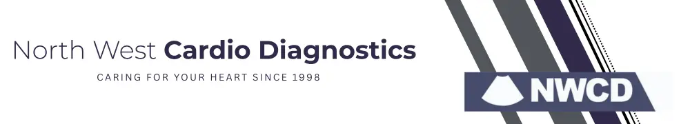 White Banner with 'North West Cardio Diagnostics - Caring for your heart since 1998" with company logo inverted in deep navy blue and a geometric line patter on right side
